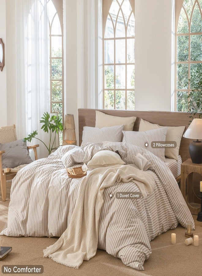 MooMee Striped Duvet Cover Set 100% Washed Cotton Linen Like Textured Breathable Durable Soft Comfy (Tannish Linen Grey White Classic Stripes, Oversized Queen 98"x98") - Image 2