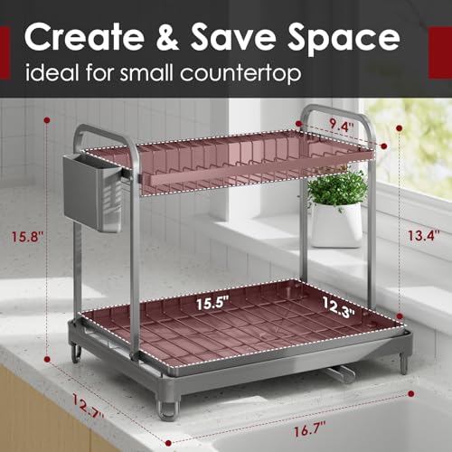 Sakugi 2Tier Dish Drying Rack Stainless Steel Dish Rack with Cutlery Utensil Holders for Kitchen Counter Sink Organization and Storage for Small Family 167 W x 127 L x 158 H Gray - Image 3