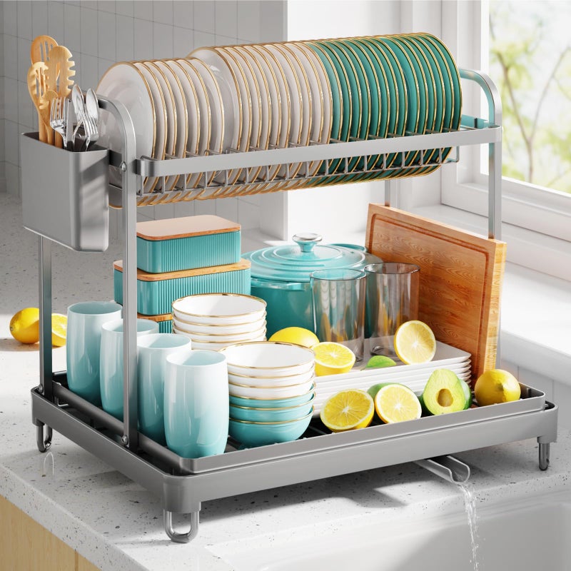 Sakugi 2Tier Dish Drying Rack Stainless Steel Dish Rack with Cutlery Utensil Holders for Kitchen Counter Sink Organization and Storage for Small Family 167 W x 127 L x 158 H Gray - Image 2