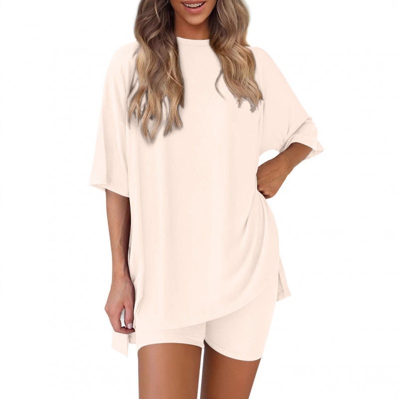 2025 spring and summer Europe and the United States cross-border Amazon new loose fashion solid color casual short sleeve shorts two-piece suit Apricot 