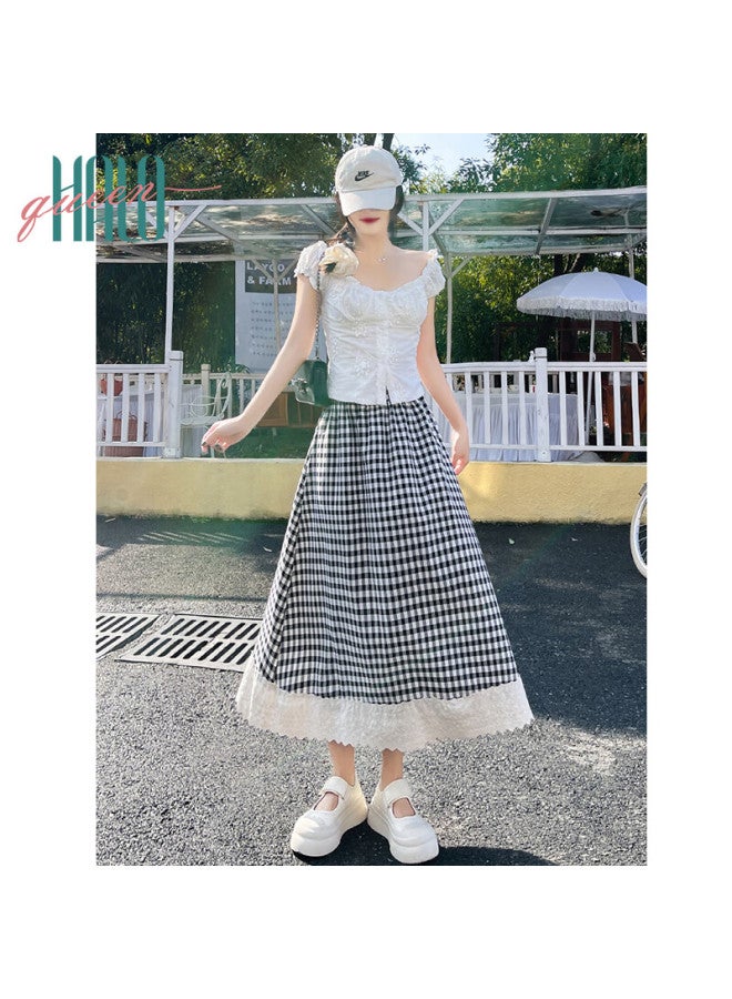 HALOQUEEN Halo Queen Women's Midi Skirt, Lace Trim Patchwork Plaid Skirt, Retro Fashion Design, Draping Long Skirt H52b056 - Image 1