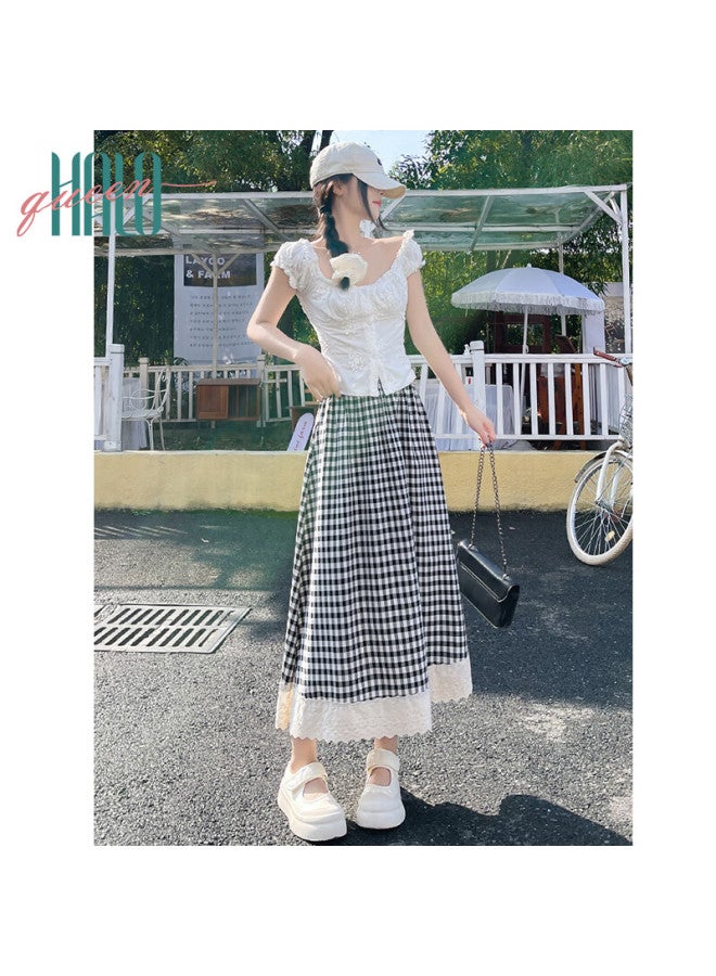 HALOQUEEN Halo Queen Women's Midi Skirt, Lace Trim Patchwork Plaid Skirt, Retro Fashion Design, Draping Long Skirt H52b056 - Image 4
