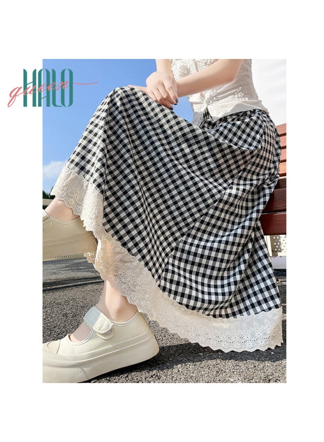 HALOQUEEN Halo Queen Women's Midi Skirt, Lace Trim Patchwork Plaid Skirt, Retro Fashion Design, Draping Long Skirt H52b056 - Image 2