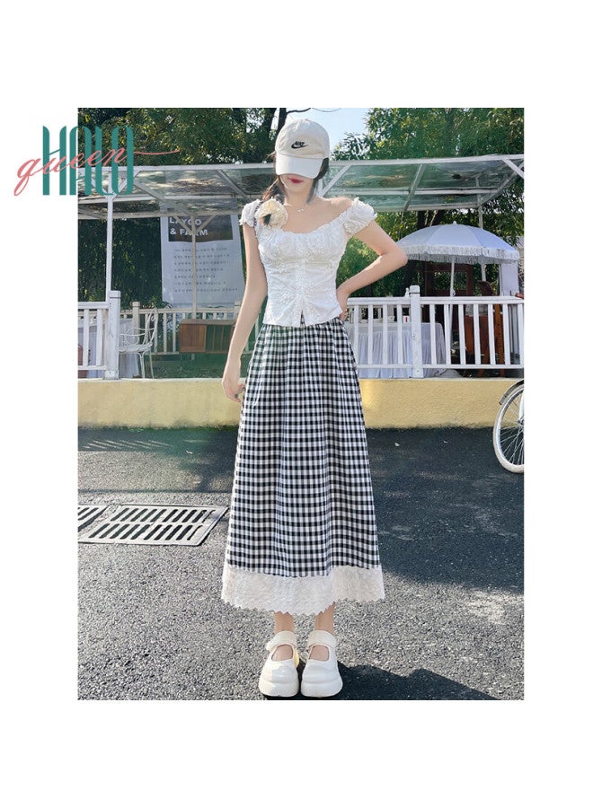 HALOQUEEN Halo Queen Women's Midi Skirt, Lace Trim Patchwork Plaid Skirt, Retro Fashion Design, Draping Long Skirt H52b056 - Image 3
