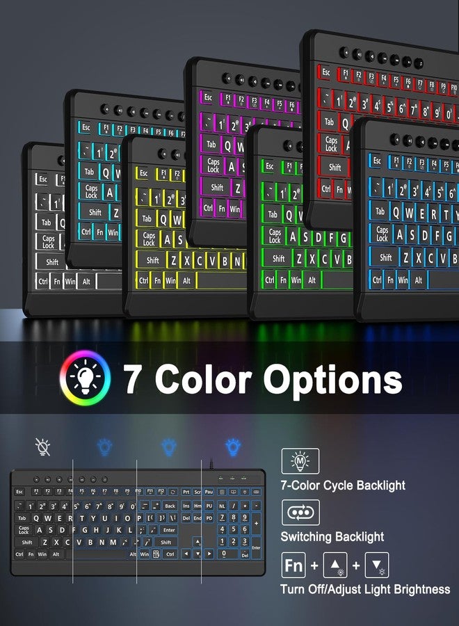 EDJO Large Print Backlit Wired Keyboard, Light Up USB Keyboard with 7-Colors Backlight, Oversize Letters Keys Full Size Computer Keyboard Compatible for Windows, Laptop, PC - Image 3