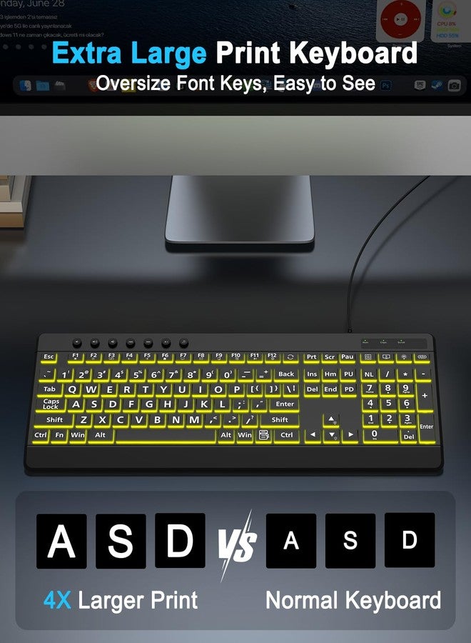 EDJO Large Print Backlit Wired Keyboard, Light Up USB Keyboard with 7-Colors Backlight, Oversize Letters Keys Full Size Computer Keyboard Compatible for Windows, Laptop, PC - Image 2