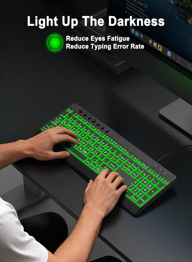 EDJO Large Print Backlit Wired Keyboard, Light Up USB Keyboard with 7-Colors Backlight, Oversize Letters Keys Full Size Computer Keyboard Compatible for Windows, Laptop, PC - Image 4