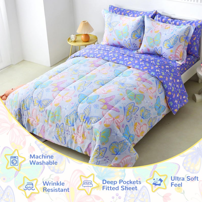 Viviland Kids Twin Bedding Sets for Girls, Soft Twin Comforter Set with Sheets, 5 Pieces Microfiber Bed in a Bag, Colorful Butterfly - Image 3