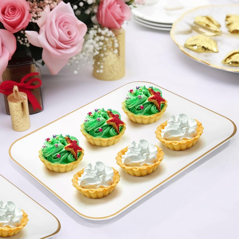 R-kay 3 Pack Plastic Serving Trays for Party - White and Gold Serving Tray 8 by 11 in - Heavy Duty Dessert Trays for Food - Rectangular Party Serving Trays, Gold Platters - Image 2