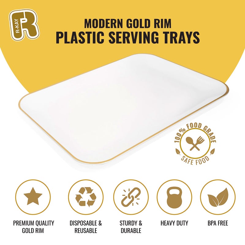R-kay 3 Pack Plastic Serving Trays for Party - White and Gold Serving Tray 8 by 11 in - Heavy Duty Dessert Trays for Food - Rectangular Party Serving Trays, Gold Platters - Image 5