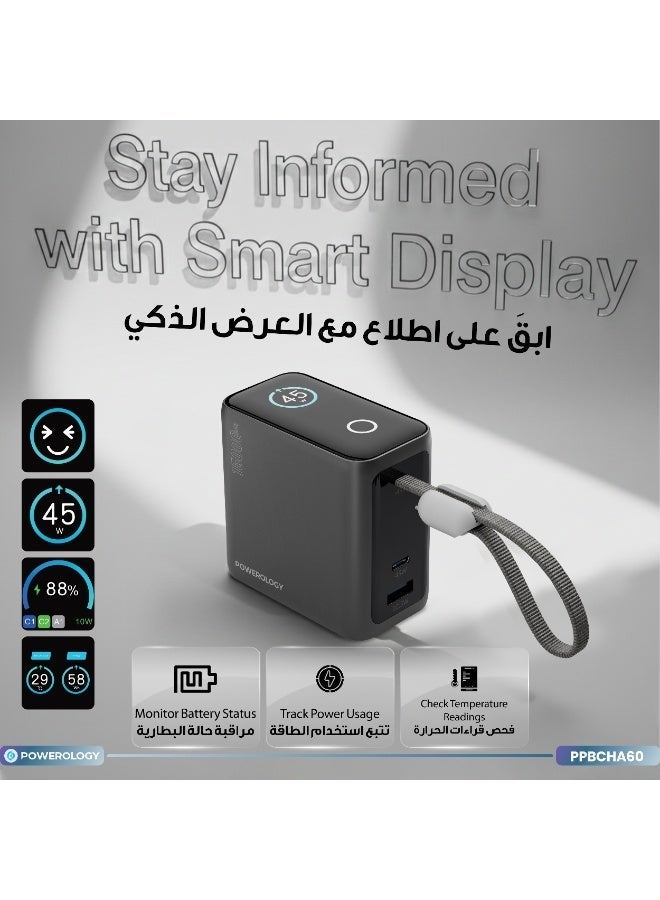 باورولوجي بنك طاقة بسعة 15000 مللي أمبير 45 واط PD و22.5 واط QC للشحن السريع، شاحن محمول مع USB-C وUSB-A، شاشة رقمية ذكية، حزمة بطارية للشحن السريع مع كابلات مدمجة لجهاز MacBook، الكمبيوتر المحمول، iPad Pro، iPhone 17 Series، Samsung. - Image 4