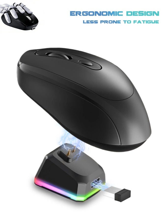 SUNDAREE ماوس ألعاب لاسلكي خفيف الوزن مع قاعدة شحن RGB، ثنائي الوضع - سلكي 2.4 جيجا هرتز/USB-C/بلوتوث، مستشعر بصري لأجهزة الكمبيوتر الشخصية/ماك (أبيض) - Image 1