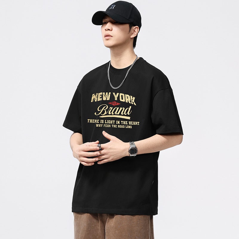 T3832  بالإضافة إلى حجم الرجال الصيف الجديد 260G Crewneck تي شيرت الرجال فضفاضة الموضة العلامة التجارية مطبوعة قصيرة الأكمام أعلى - Image 3