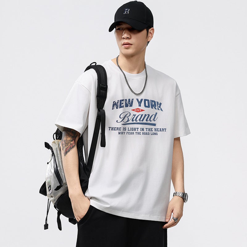 T3832  بالإضافة إلى حجم الرجال الصيف الجديد 260G Crewneck تي شيرت الرجال فضفاضة الموضة العلامة التجارية مطبوعة قصيرة الأكمام أعلى - Image 5