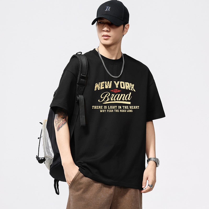 T3832  بالإضافة إلى حجم الرجال الصيف الجديد 260G Crewneck تي شيرت الرجال فضفاضة الموضة العلامة التجارية مطبوعة قصيرة الأكمام أعلى - Image 2