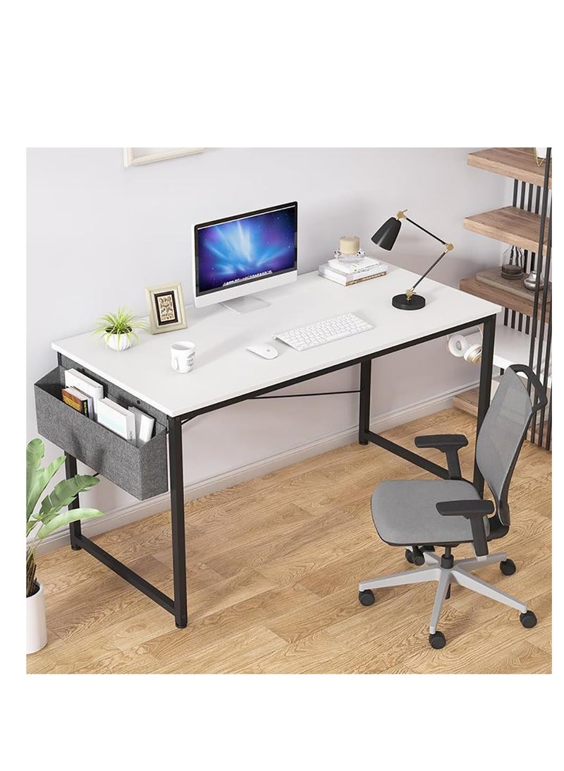 Generic Modern Computer Desk Sturdy Office Desk Simple Writing Desk Study Table with Storage Bag and Hook for Home Office Bedroom Living Room PC Laptop Notebook Table (120 * 60cm, White) - Image 1