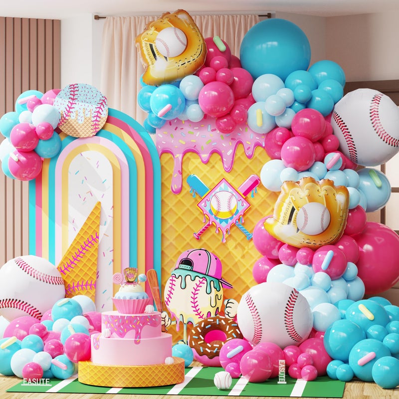 EASUTE Ice Cream Drip Baseball Birthday Party Decorations, 133PCS Baseball Balloon Arch Garland Kit Ice Cream Theme Hot Pink Latex Balloons with Baseball Foil Balloons for Birthday Baby Shower Party Supplies - Image 1