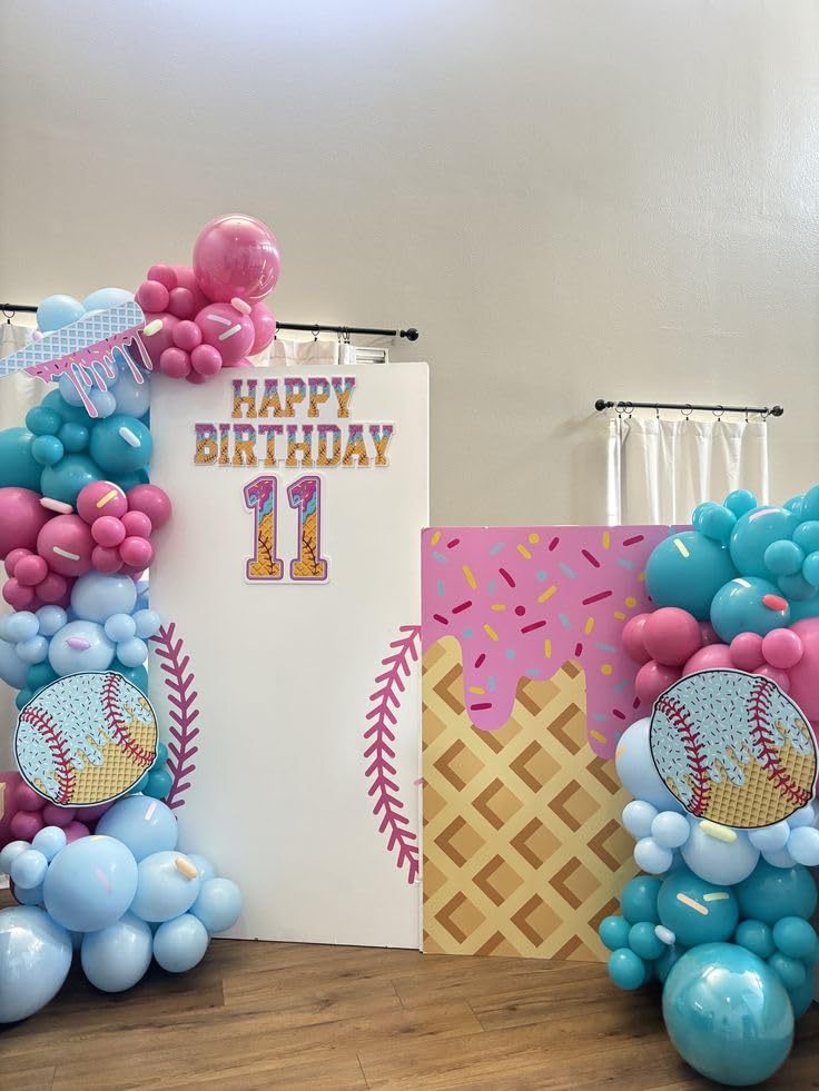 EASUTE Ice Cream Drip Baseball Birthday Party Decorations, 133PCS Baseball Balloon Arch Garland Kit Ice Cream Theme Hot Pink Latex Balloons with Baseball Foil Balloons for Birthday Baby Shower Party Supplies - Image 3