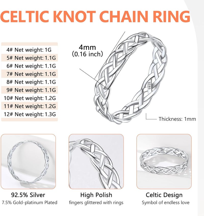 Silvora 925 Sterling Silver Celtic Knot Rings, Chain Rings for Women Men Vintage Eternity Band Ring Jewelry Size 4-12 - Image 5
