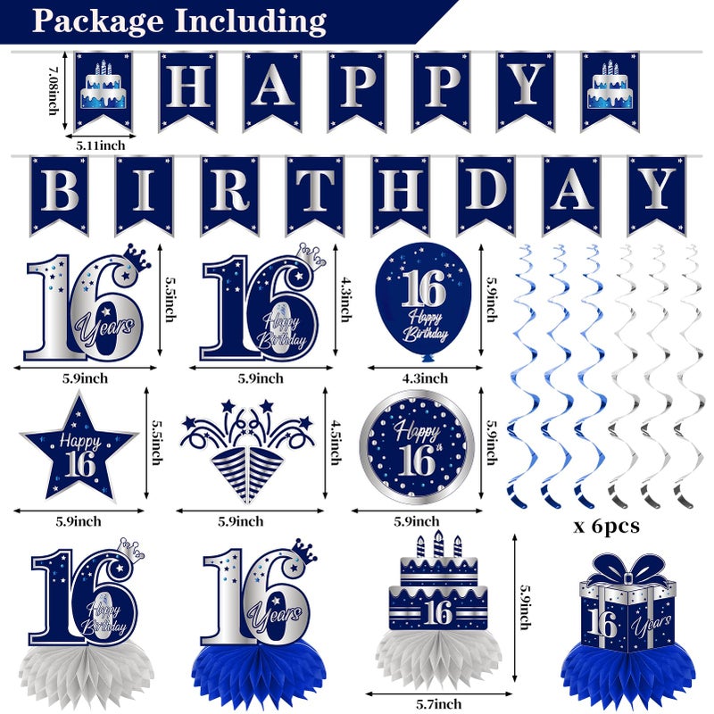 Eucutur 42PCS 16th Birthday Party Decoration Kit for Boys, Blue Sliver Happy 16th Birthday Banner Balloons Honeycomb Centerpiece Swirls Paper Pompoms Party Supplies, 16th Bday Sash Table Cake Topper - Image 2