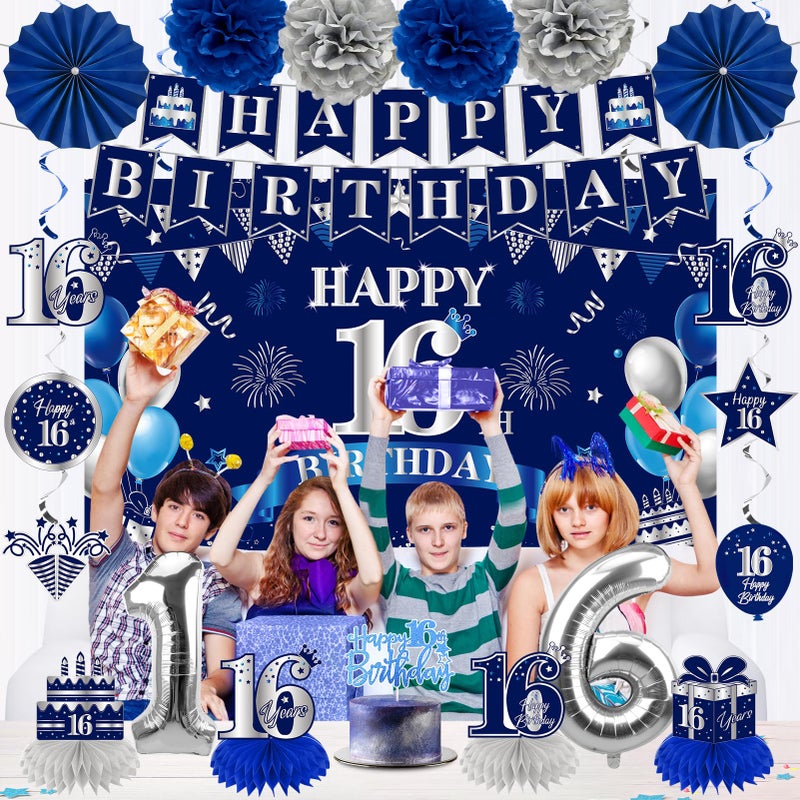 Eucutur 42PCS 16th Birthday Party Decoration Kit for Boys, Blue Sliver Happy 16th Birthday Banner Balloons Honeycomb Centerpiece Swirls Paper Pompoms Party Supplies, 16th Bday Sash Table Cake Topper - Image 5