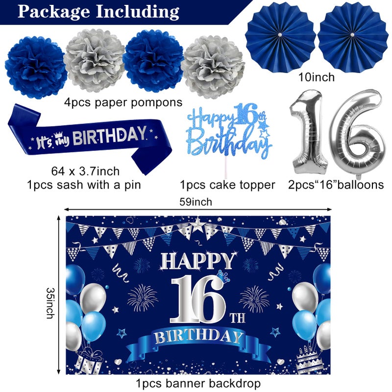 Eucutur 42PCS 16th Birthday Party Decoration Kit for Boys, Blue Sliver Happy 16th Birthday Banner Balloons Honeycomb Centerpiece Swirls Paper Pompoms Party Supplies, 16th Bday Sash Table Cake Topper - Image 3