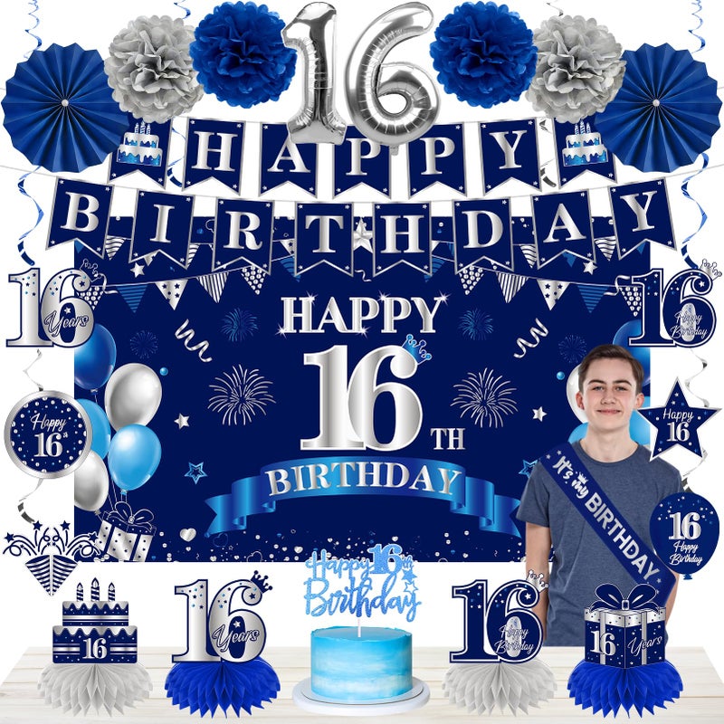 Eucutur 42PCS 16th Birthday Party Decoration Kit for Boys, Blue Sliver Happy 16th Birthday Banner Balloons Honeycomb Centerpiece Swirls Paper Pompoms Party Supplies, 16th Bday Sash Table Cake Topper - Image 1