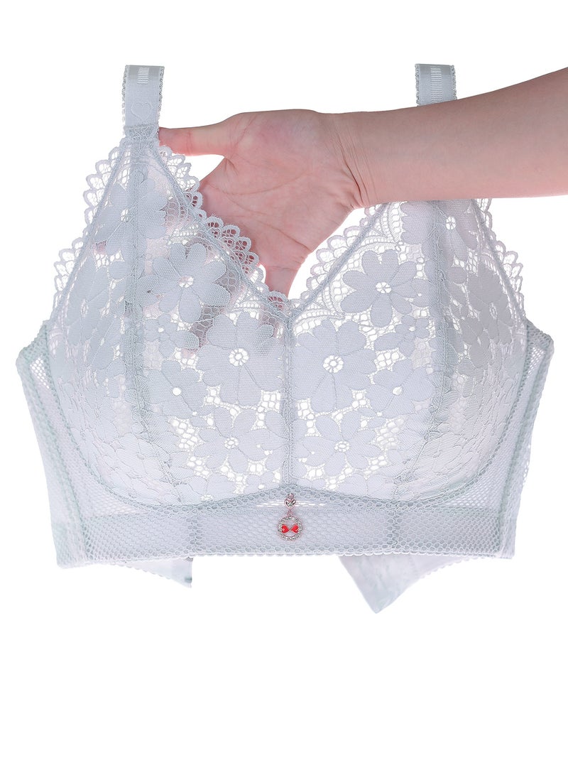 Floral Lace Bra: 34D Light Grey, Sheer Padless Wirefree, Soft Breathable Mesh Side Wings - Adjustable Straps Back Closure for Everyday Wear - Image 4