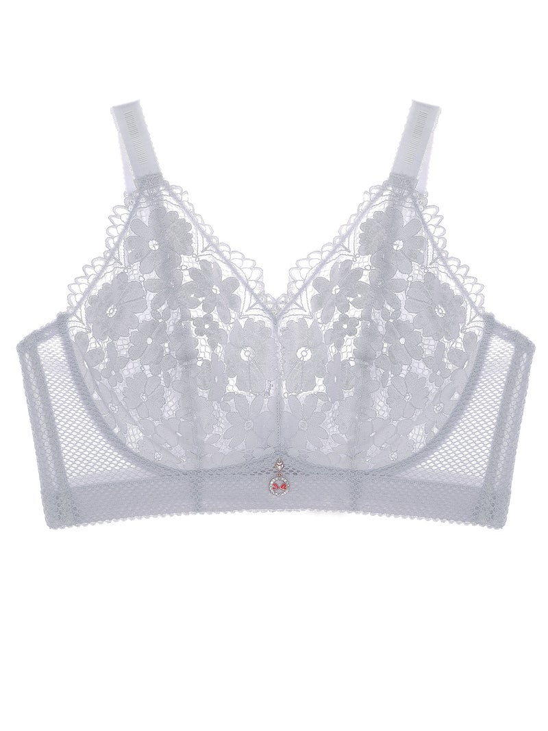 Floral Lace Bra: 34D Light Grey, Sheer Padless Wirefree, Soft Breathable Mesh Side Wings - Adjustable Straps Back Closure for Everyday Wear - Image 3