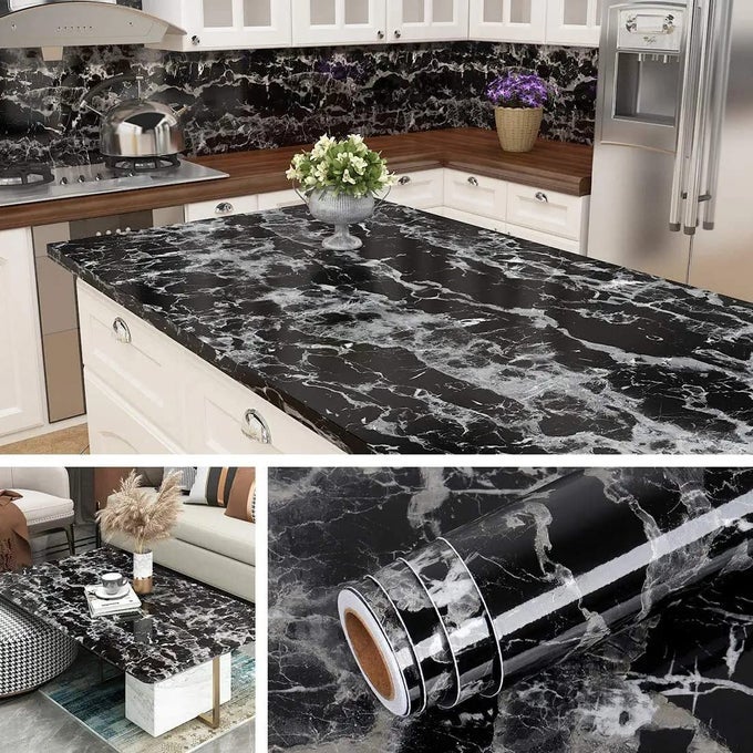MARBLE WALLPAPER FOR KITCHEN STICKERS OIL PROOF ALUMINIUM FOIL STICKERS SELFADHESIVE WALL STICKER WATERPROOF ANTIMOLD AND HEAT RESISTANTKITCHEN WALLPAPERSIZE 60200 CMBLACK MARBLE A18