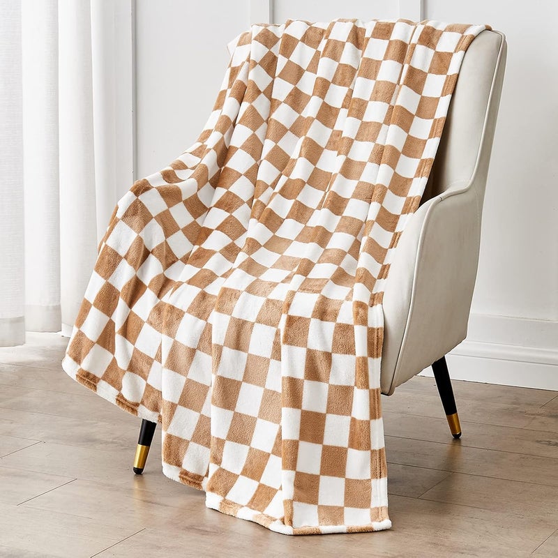 Edenleaf Checkered Blanket Flannel Throw Blankets Soft Cozy Checkered Grid Print Chessboard Gingham Pattern Throws for Bed Sofa Couch for All Seasons 60x80 Inch Blonde