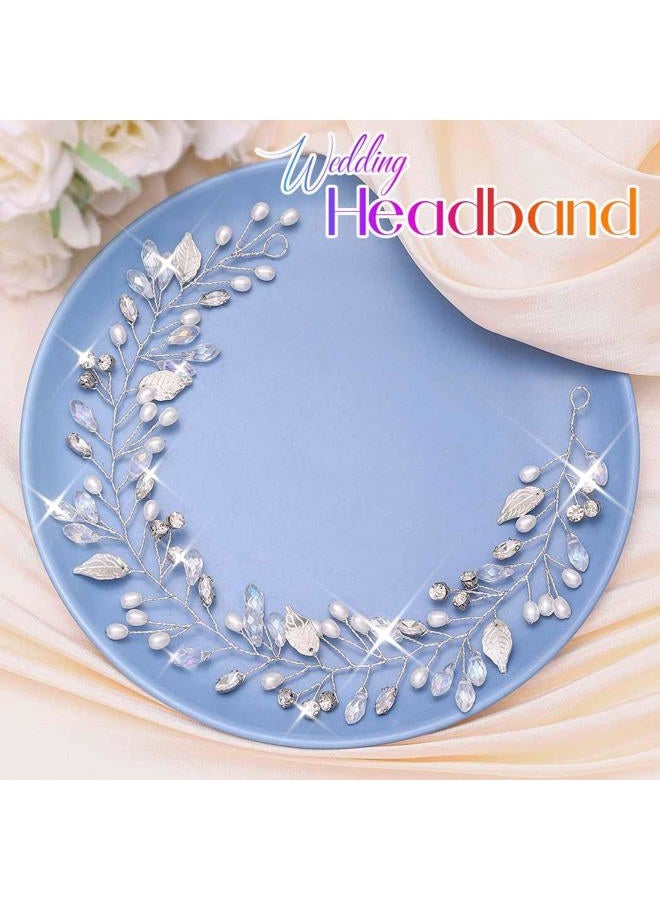 Catery Pearl Bridal Headband Silver Leaf Hair Vine Wedding Head Piece Crystal Hairpieces Accessories for Brides and Women - Image 2