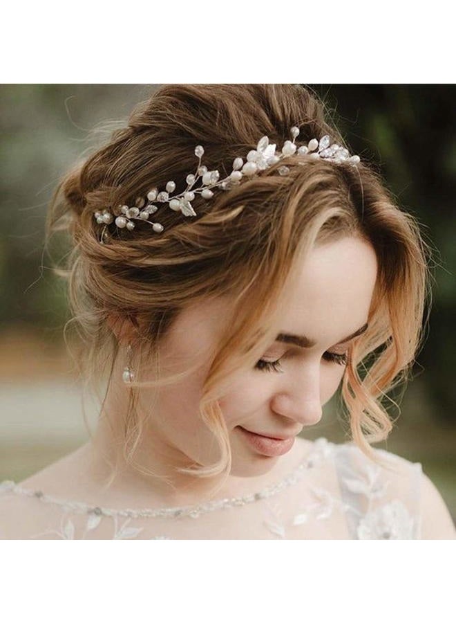 Catery Pearl Bridal Headband Silver Leaf Hair Vine Wedding Head Piece Crystal Hairpieces Accessories for Brides and Women - Image 1