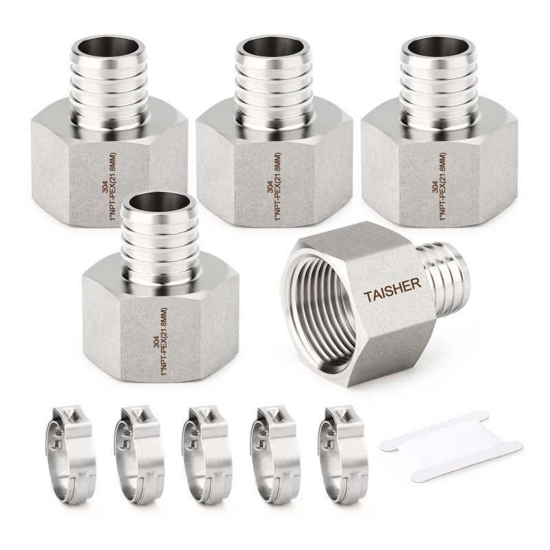 TAISHER 5PCS 304 Stainless Steel Pex Fittings1 Pex x 1 NPT Female1 Pex Fitting With 5PCS Hose Clamp For Pex Tubing Pipe - Image 2