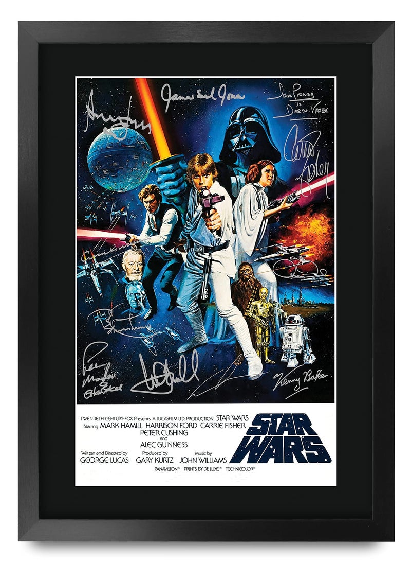 Home Trove Alayra Framed A3 FR Star Wars a New Hope Movie Poster Cast Signed Gift Printed Autograph Film Mark Hamill Harrison Ford Carrie Fisher Alec Guinness George Lucas Gifts Print Photo Picture Display - Image 1