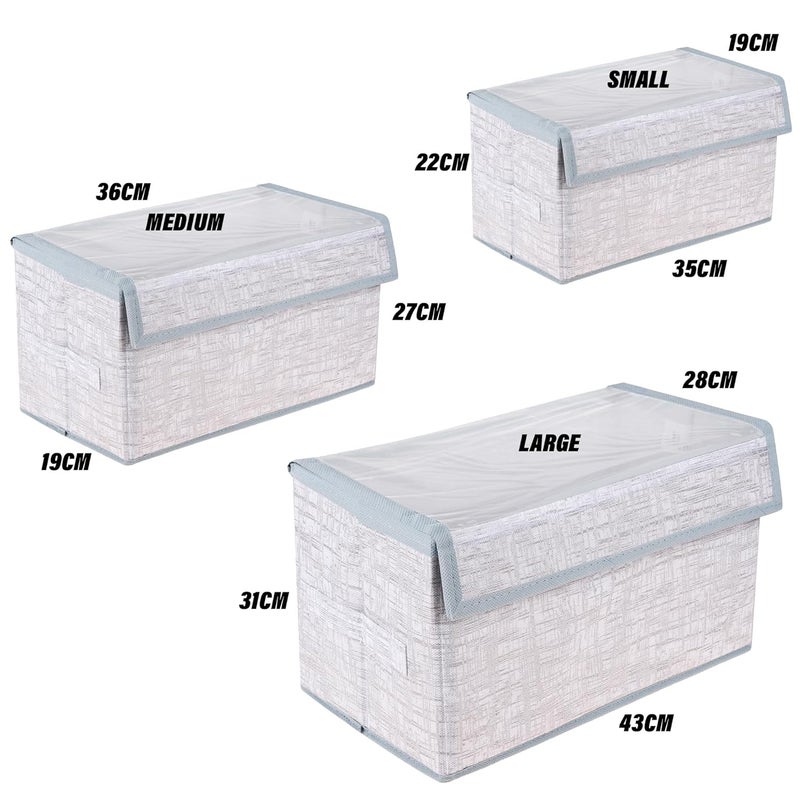 Kuber Industries Kuber Industries Drawer Storage Box Clothes Drawer Organizer with Handle Transparent Lid with Velcro Dhakkan Storage Box Jute Printed S M L Pack of 3 Gray - Image 4