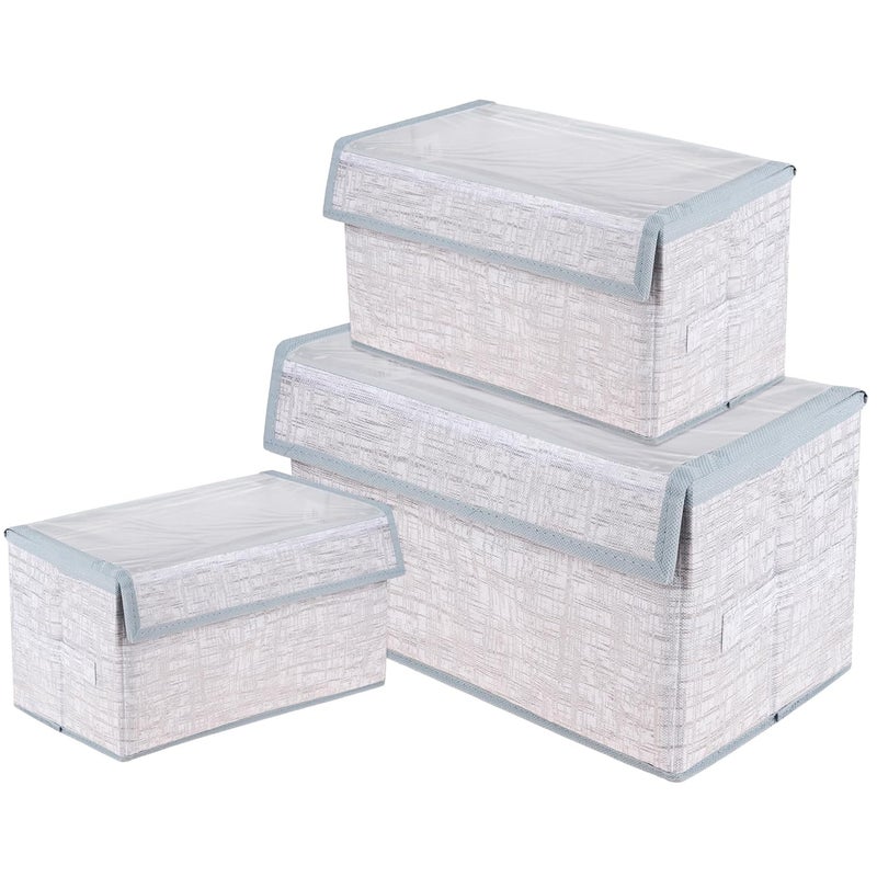 Kuber Industries Kuber Industries Drawer Storage Box Clothes Drawer Organizer with Handle Transparent Lid with Velcro Dhakkan Storage Box Jute Printed S M L Pack of 3 Gray - Image 1