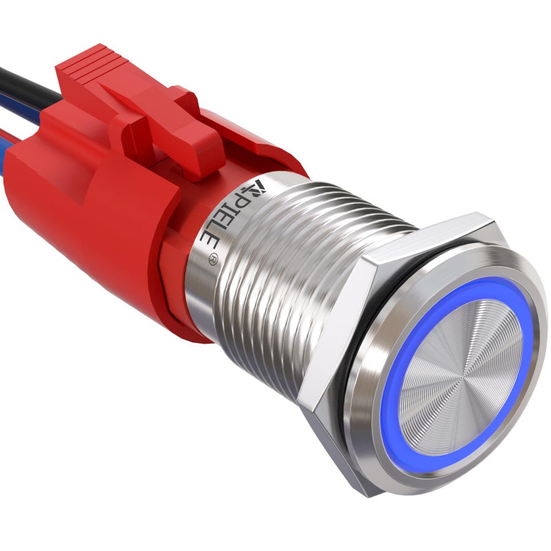 APIELE 10 Amp 16mm Latching Push Button Switch 12V Angel Eye LED Waterproof Round SelfLocking 1NO Silver Stainless Steel Blue