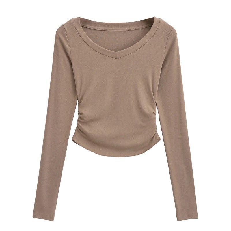 Pure Spice Girl Stretch Slim-fit Slimming V-neck Long-sleeved T-shirt Autumn New Side Waist Wrinkle High Waist Short Base Shirt - Image 1