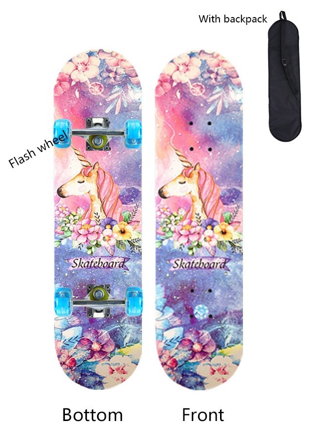 ZCM-HAPPY Beginner Four Wheel Flash Skateboard 80*20cm with Backpack for Boys and Girls, 7-Layer Maple Double Kick Concave Skateboard for Kids and Adults 