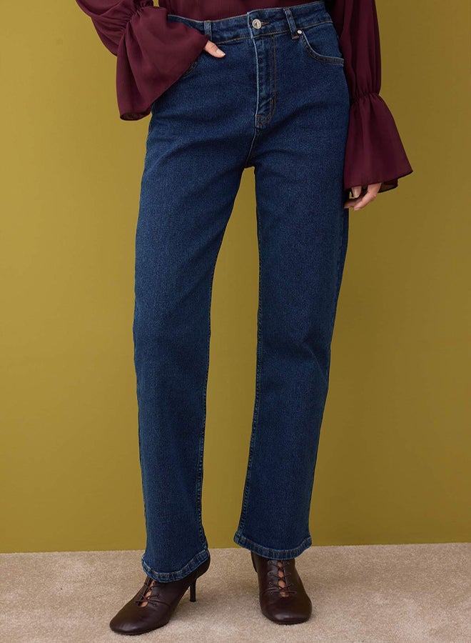 trendyol Dark Blue High Waist Comfort Stretch Straight Jeans - Image 3