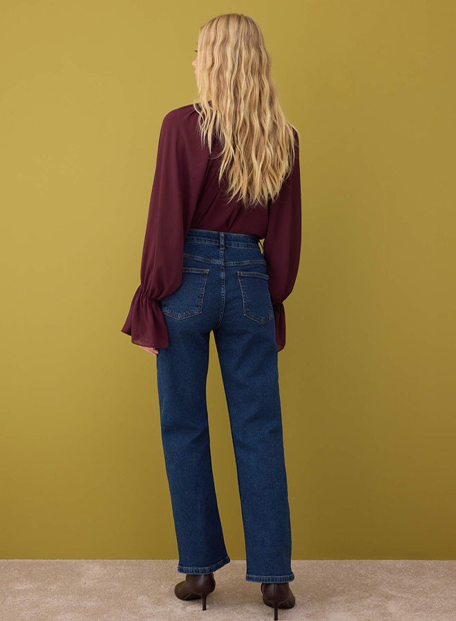 trendyol Dark Blue High Waist Comfort Stretch Straight Jeans - Image 4