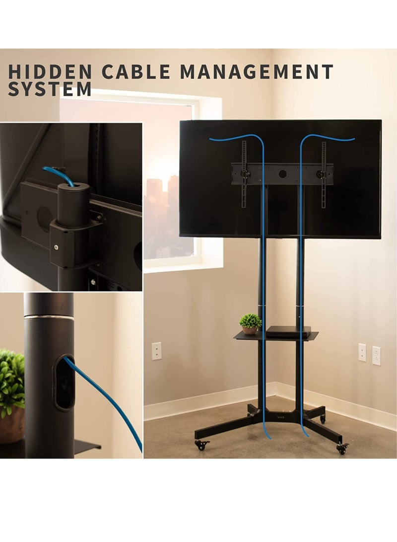 Black Rolling TV Cart for 32' to 65' LCD LED Plasma Flat Panel Screen | Mobile Stand with Wheels  - Image 4