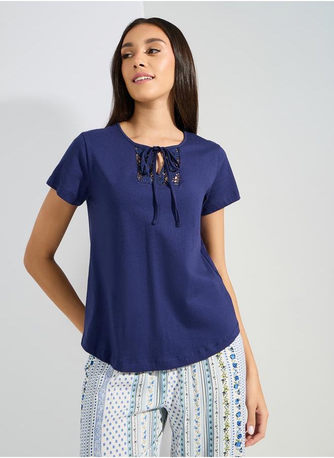 Styli - Lace Insert Tie Neck T-Shirt & Patchwork Pyjama Set - Image 1