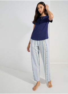 Lace Insert Tie Neck T-Shirt & Patchwork Pyjama Set