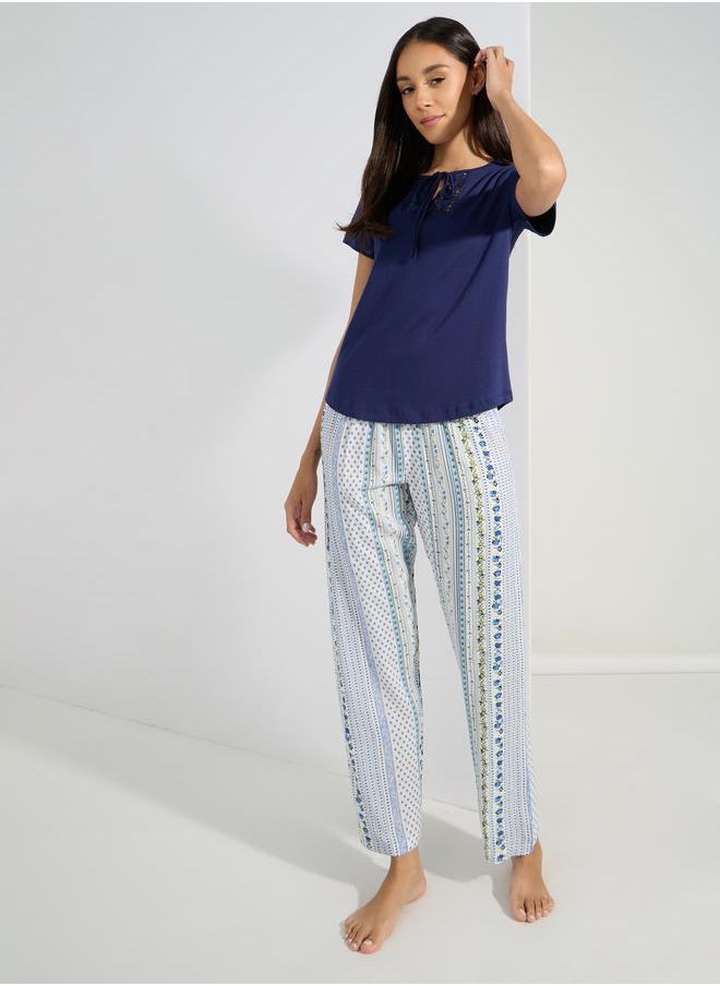 Styli - Lace Insert Tie Neck T-Shirt & Patchwork Pyjama Set - Image 1