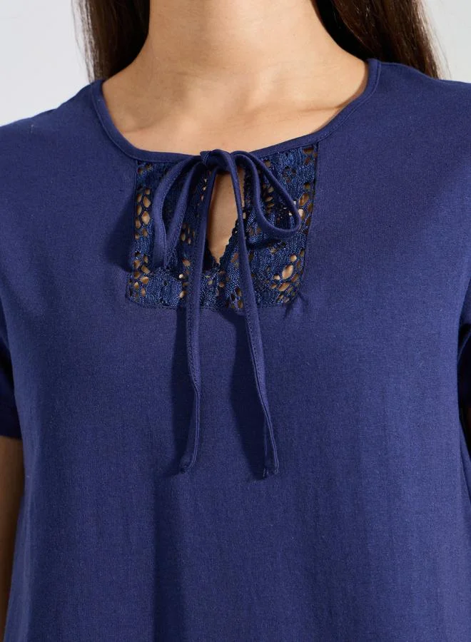 Styli Lace Insert Tie Neck T-Shirt & Patchwork Pyjama Set