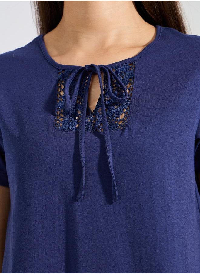 Styli - Lace Insert Tie Neck T-Shirt & Patchwork Pyjama Set - Image 1