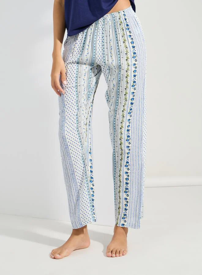 Styli Lace Insert Tie Neck T-Shirt & Patchwork Pyjama Set