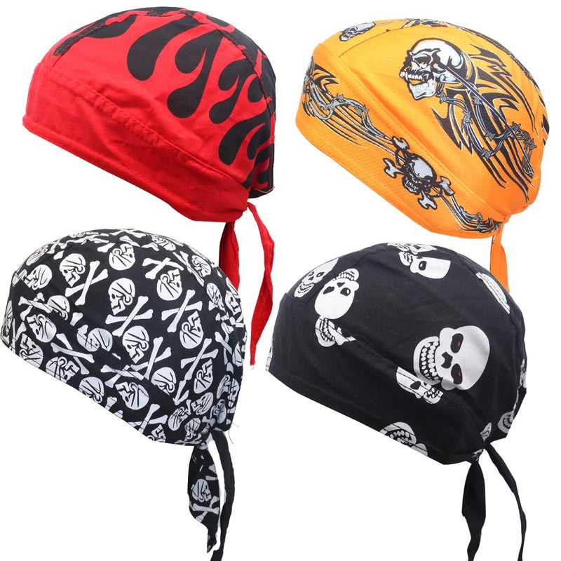 WHAMZ33 W 4Pcs Doo Rags for Men, Head Wraps Dew Rags Bandana Beanie for Cycling Motorcycle (Flame/Skull) - Image 1